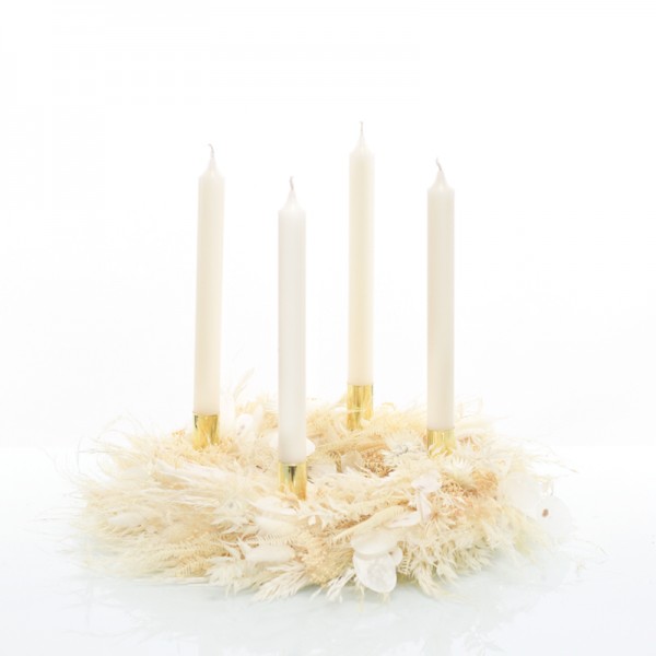 Trockenblumen Adventskranz | Weisse Eleganz | Stabkerzen | 35cm | weiss-ivory-creme-gold