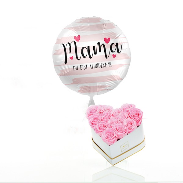 Rosenbox Set | Infinity Rosen rosa Herz | Heliumluftballon "Mama" zum Muttertag | Geschenke zum Muttertag