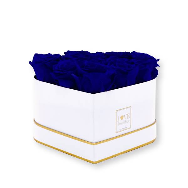 Rosenbox Herz Infinity Rosen dunkelblau | Flowerbox Herzbox | M white gold