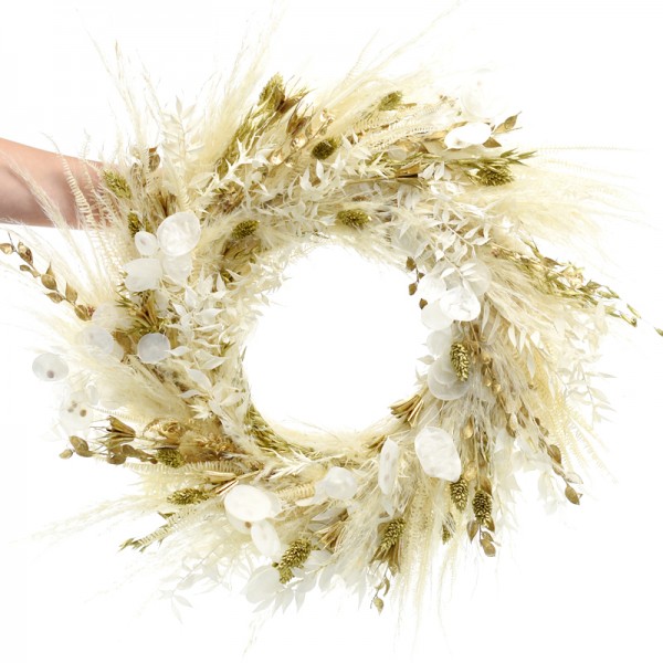 Trockenblumen Kranz | Goldene Eleganz | Wandkranz | Tischkranz | 45cm | weiss-ivory-creme