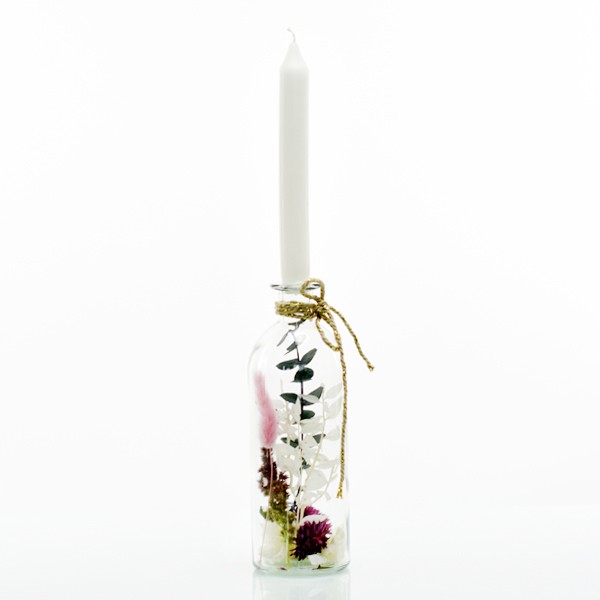 Kerzenständer Trockenblumen im Glas | gefüllte Flasche mit Stabkerze | Sommertraum | M | weiss-rosa-grün | Ruskus, Eukalyptus, Lagurus, 