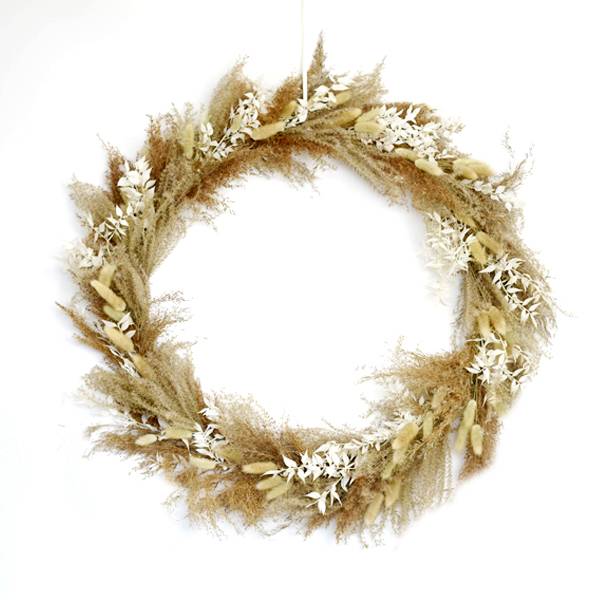 Trockenblumenkranz | Hoop | Boho Liebe | gold 50 cm | Trockenblumen weiss-natur | Pampasgras, Ruskus,Lagurus, Samtgras