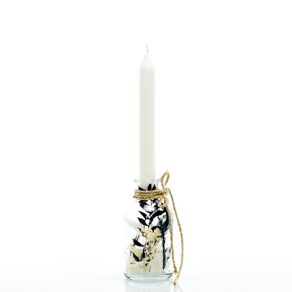 Kerzenständer Trockenblumen im Glas | gefüllte Flasche mit Stabkerze | Schwarz_Weiss | S