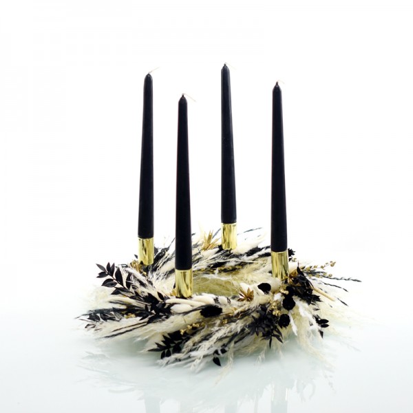 Trockenblumen Adventskranz | Schwarze Eleganz| schwarze Stabkerzen | 30cm | weiss-ivory-natur-schwarz-gold