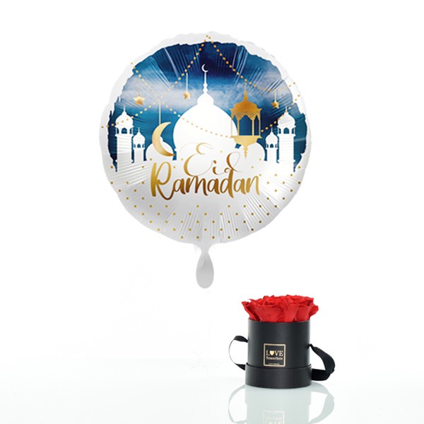 Rosenbox Set | Infinity Rose lang rot | Heliumluftballon "Eid Ramadan" zum Zuckerfest | Geschenk zum Zuckerfest | Ramadan