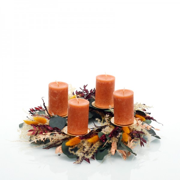 Trockenblumen Adventskranz | Winterstimmung | Stumpenkerzen | 40cm | orange-amber-burgund-natur-grün