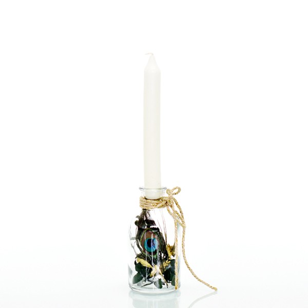 Kerzenständer Trockenblumen im Glas | gefüllte Flasche mit Stabkerze | Pfauenzauber | S | grün-schwa