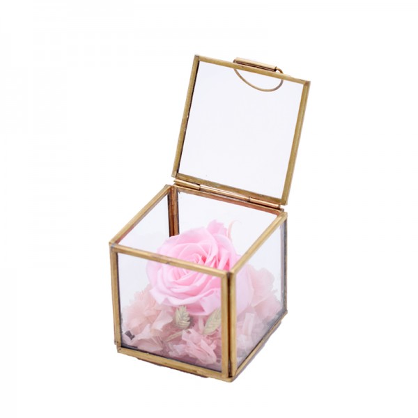Flowerbox Würfel Glas mit Rose rosa bridal pink