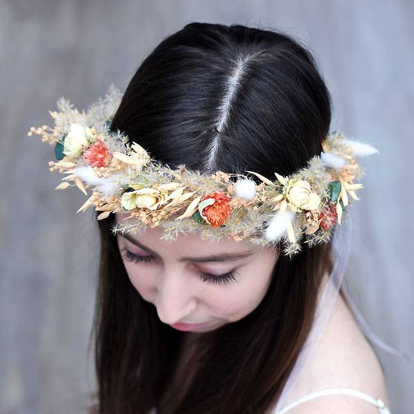 Trockenblumen Kopfkranz Braut | Hochzeit | Pastellzauber | Trockenblumen weiss-aprikot-grün | Eukalyptus, Pampas, Rosen, Hafer