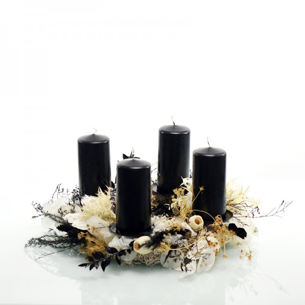 Trockenblumen Adventskranz | schwarzer Traum | schwarzen Stumpenkerzen | 30cm | weiss-natur-schwarz