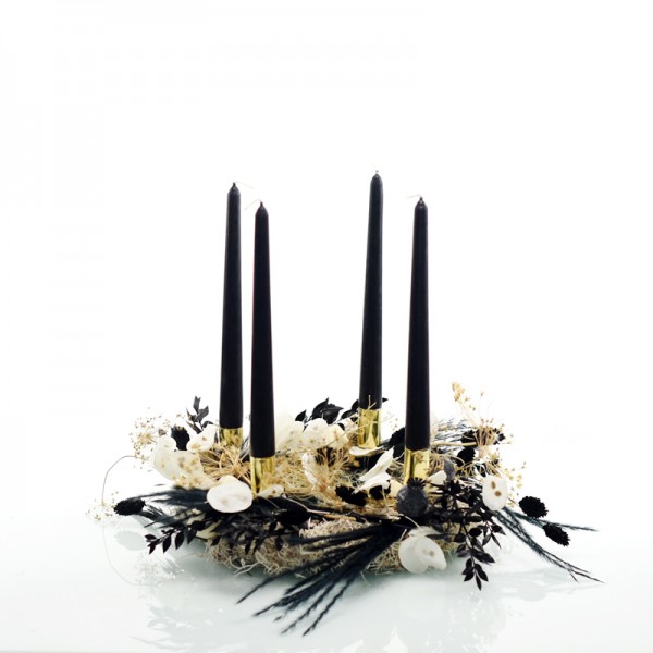 Trockenblumen Adventskranz | schwarz weiss Mix | schwarze Stabkerzen | 30cm | weiss-natur-schwarz