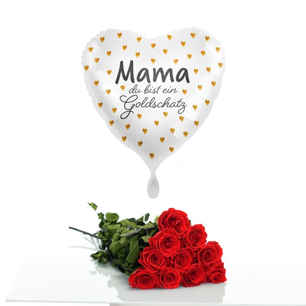 Rosenstrauß Set | Infinity Rosen lang rot | Heliumluftballon "Mama" zum Muttertag | Geschenk zum Muttertag