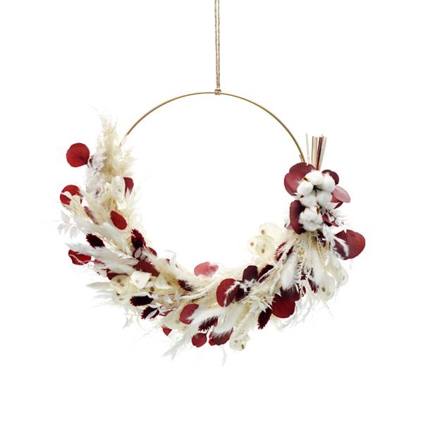 Trockenblumenkranz | Hoop | Wintertraum | gold 30 cm | Trockenblumen weiss-rot-bordeaux