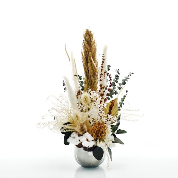 Trockenblumen Gesteck | Keramik Topf silber | Natur Pur | weiss-natur-grün-braun
