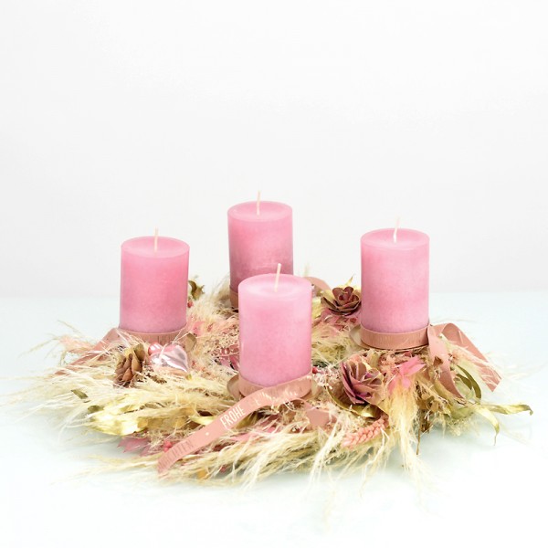 Trockenblumen Adventskranz | Zarte Verführung | Stumpenkerzen | 35cm | rosa-natur-gold