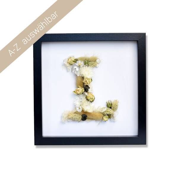 Trockenblumen Bilderrahmen "Buchstabe"  A-Z wählbar | Zarte Liebe | weiss-natur-schwarz