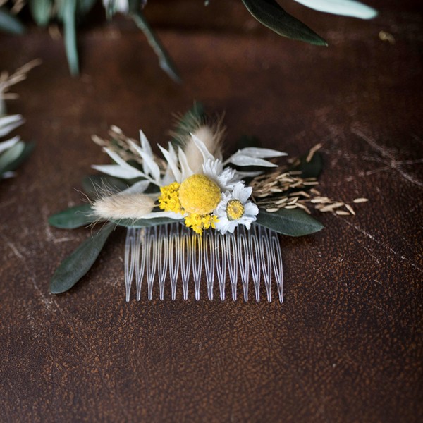 Trockenblumen Haarkamm Braut Trauzeugin | Mediterrane | weiss-gelb-gruen | Olive-Craspedia-Trommelschlegel-Ruskus_Lagurus-1