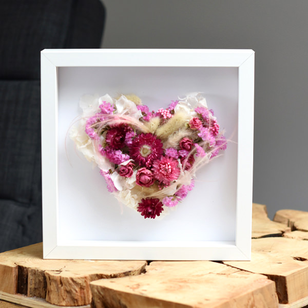 Trockenblumen Bilderrahmen Herz | Zarte Liebe | weiss-rosa-pink