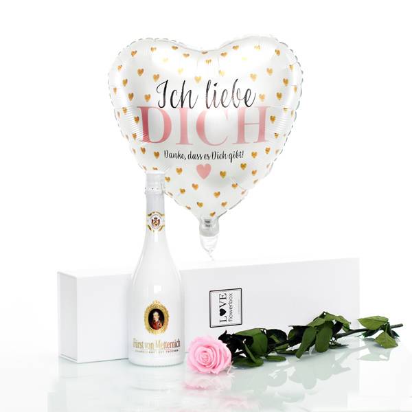Flowerbox Set Langstiel Rose | Rosen Bridal Pink | Heliumballon | Sekt
