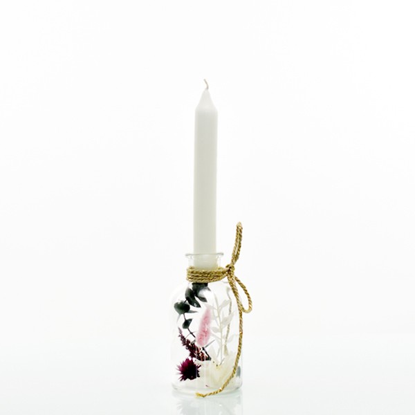 Kerzenständer Trockenblumen im Glas | gefüllte Flasche mit Stabkerze | Sommertraum | S | weiss-rosa-grün | Ruskus, Eukalyptus, Lagurus, 