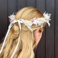 Trockenblumen Kopfkranz Braut | Trauzeugin | Hochzeit | Zarte Versuchung | weiss-rosa | Ruskus, Pampas gebleicht, Lagurus, Schleierkraut