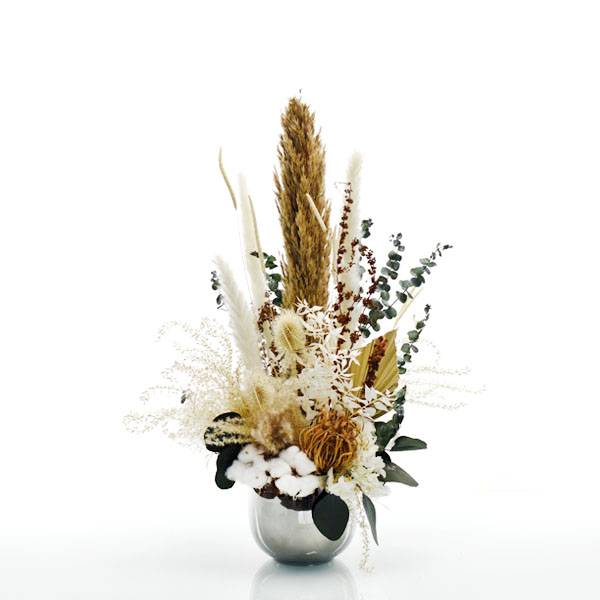 Trockenblumen Gesteck | Keramik Topf silber | Natur Pur | weiss-natur-grün-braun | Eukalyptus, Pampasgras, Baumwolle, Palmspear, Ruskus