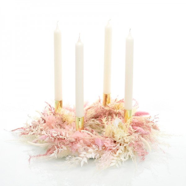 Trockenblumen Adventskranz | Rosa Versuchung | Stabkerzen | 35cm | weiss-ivory-creme-rosa-gold