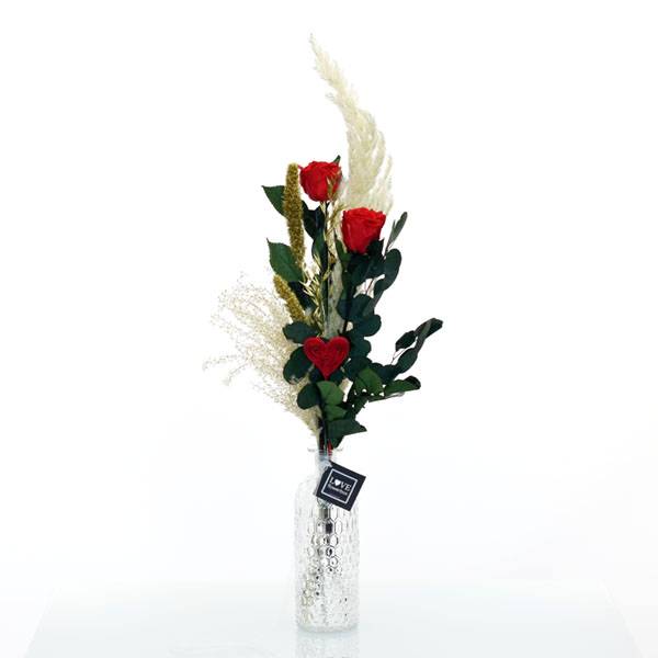 Trockenblumenstrauß | Infinity Rosen rot mit Eryanthus in Flaschenvase