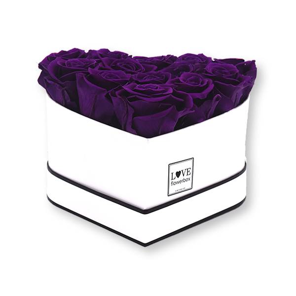 Rosenbox Herz Infinity Rosen dunkel lila | Flowerbox Herzbox | M weiss