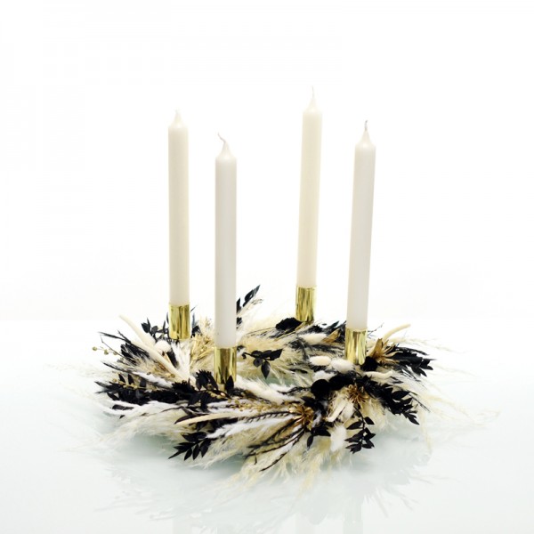 Trockenblumen Adventskranz | Schwarze Eleganz| Stabkerzen | 30cm | weiss-natur-schwarz 1