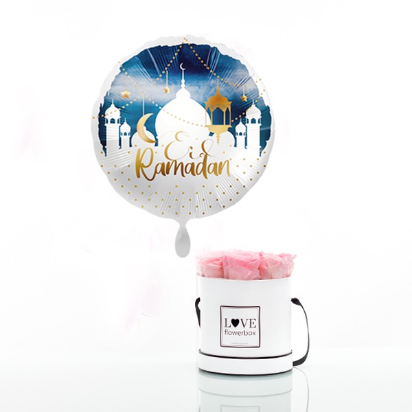 Rosenbox Set | Infinity Rosen rosa | Heliumluftballon "Eid Ramadan" zum Zuckerfest | Geschenk zum Zuckerfest | Ramadan