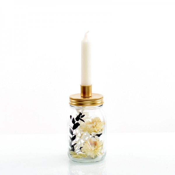 Kerzenständer Trockenblumen im Glas | gefüllte Flasche mit Stabkerze | Natur Pur | natur-weiss-gruen