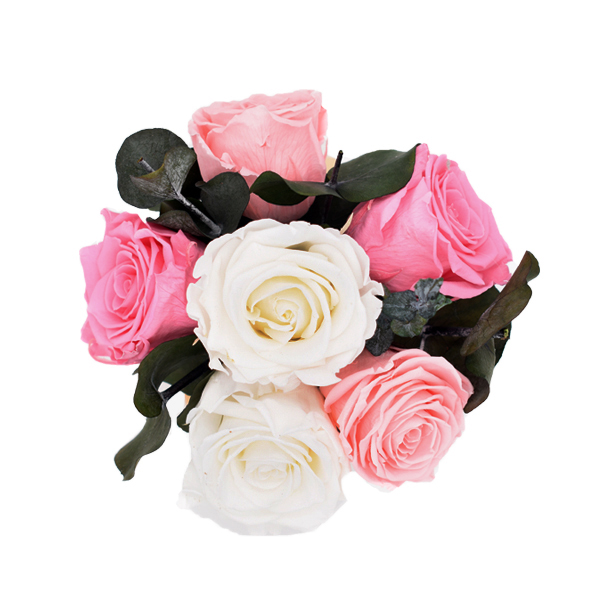 Rosenbox Infinity Rosen rosa-weiß mit Eukalyptus | Flowerbox | Blumenbox | S Bouquet w gold