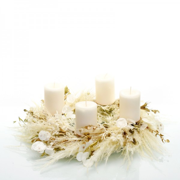 Trockenblumen Adventskranz | Goldene Eleganz | Stumpenkerzen | 45cm | weiss-ivory-creme-gold