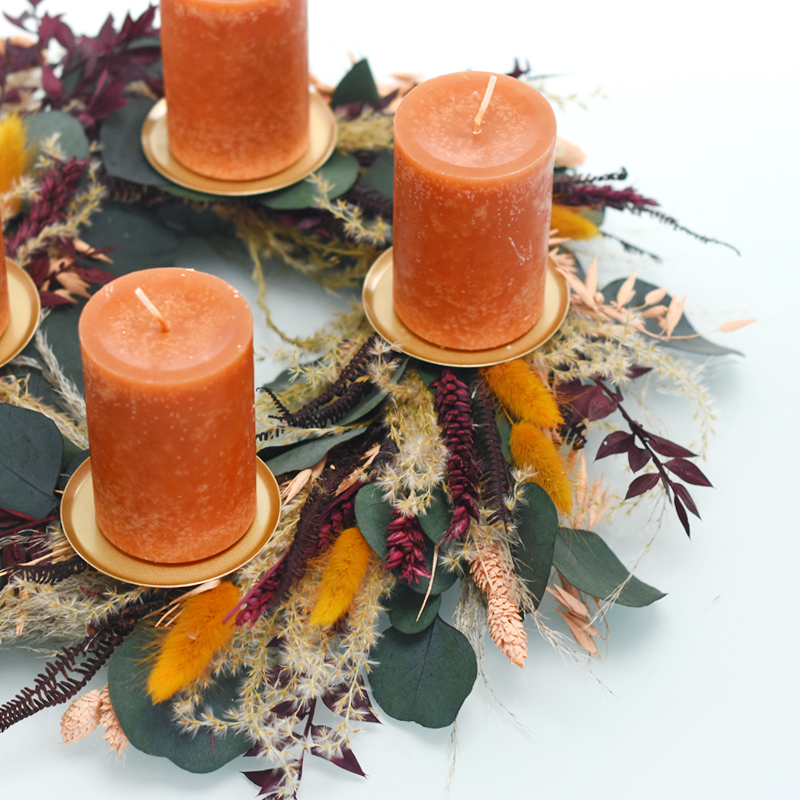 Trockenblumen Adventskranz | Winterstimmung | Stumpenkerzen | 40cm | orange-amber-burgund-natur-grün