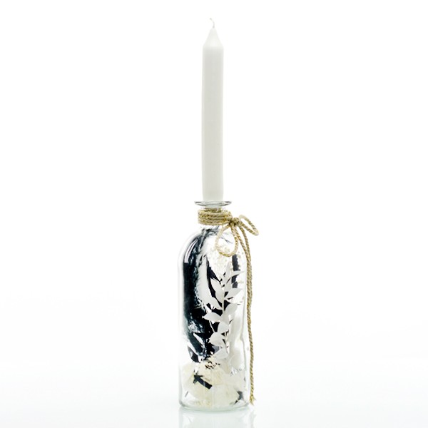 Kerzenständer Trockenblumen im Glas | gefüllte Flasche mit Stabkerze | Schwarz_Weiss | M