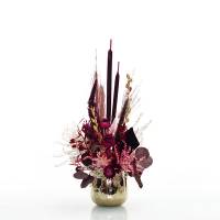 Trockenblumen Gesteck | Metall Topf gold | Goldener Beerenglanz | rosa-pink-beere-aubergine | Eukalyptus, Palmspear, Ruskus, Schilfkolben Trockenblumen Gesteck | Metall Topf gold | Goldener Beerenglanz | rosa-pink-beere-aubergine | Eukalyptus, Palmspear, Ruskus, Schilfkolben
