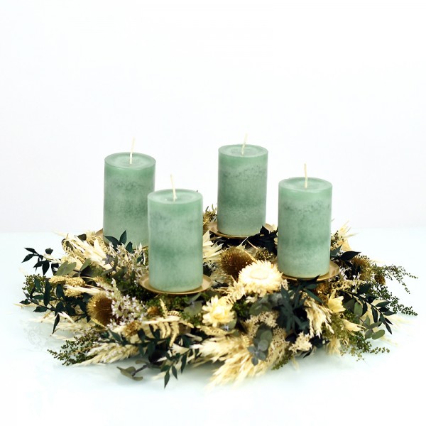 Trockenblumen Adventskranz | Grüne Eleganz | Stumpenkerzen | 35cm | grün-gold-weiss