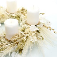 Trockenblumen Adventskranz | Goldene Eleganz | Stumpenkerzen | 45cm | weiss-ivory-creme-gold