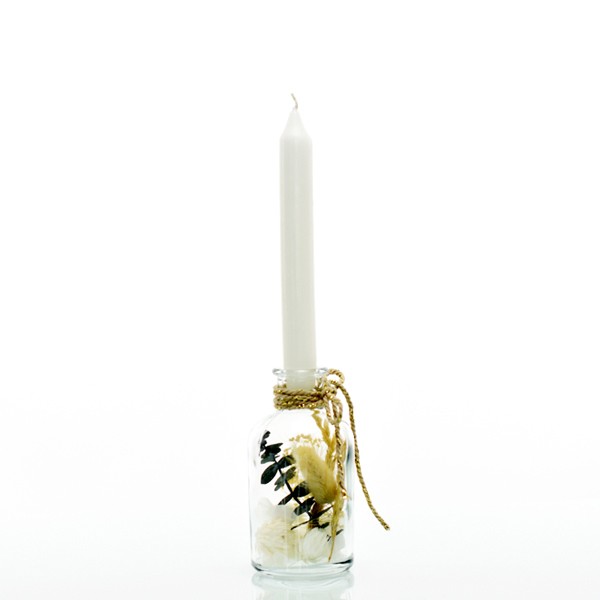 Kerzenständer Trockenblumen im Glas | gefüllte Flasche mit Stabkerze | Natur Pur | S | natur-grün