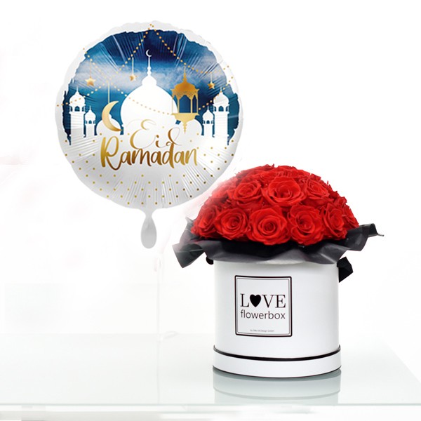 Rosenbox Bouquet Set | Infinity Rosen rot | Heliumluftballon "Eid Ramadan" zum Zuckerfest | Geschenk zum Zuckerfest | Ramadan