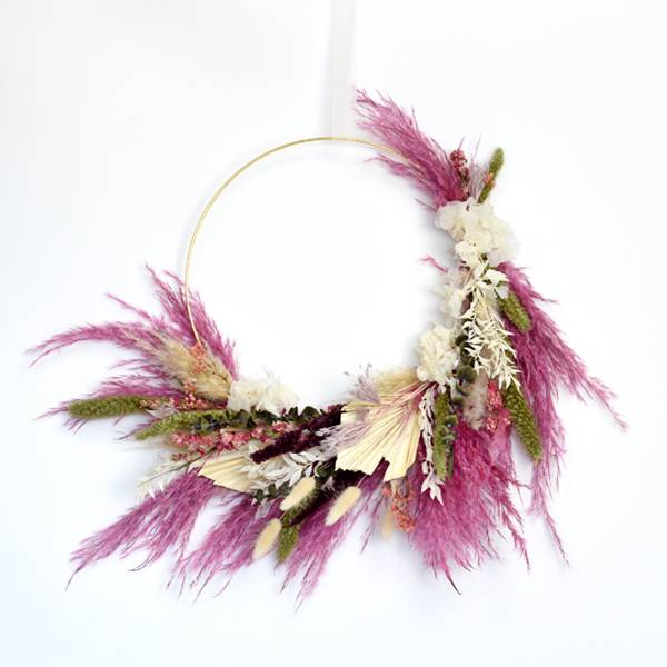 Trockenblumenkranz | Hoop | Fächerbrise | gold 30 cm | Trockenblumen weiss-pink-grün | Pampasgras, palmspear, lagurus, setarea, amaranthus