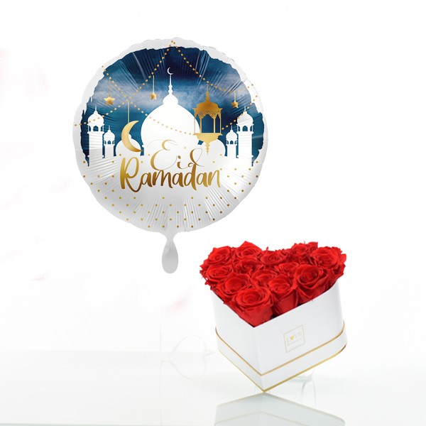 Rosenbox Herz Set | Infinity Rosen rot | Heliumluftballon "Eid Ramadan" zum Zuckerfest | Geschenk zum Zuckerfest | Ramadan