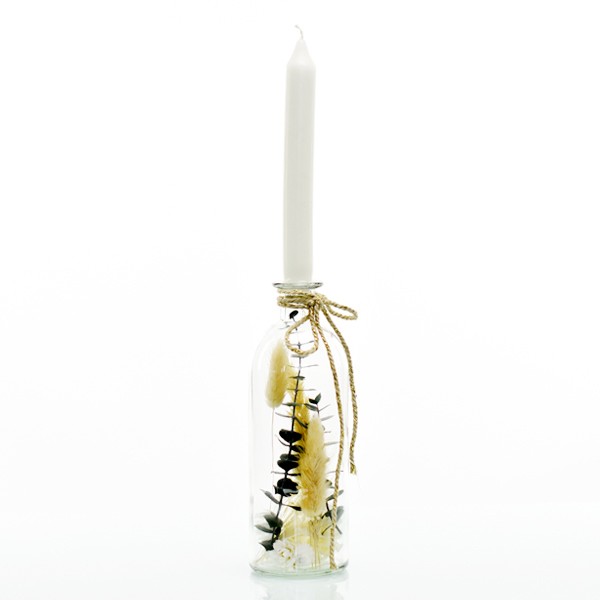 Kerzenständer Trockenblumen im Glas | gefüllte Flasche mit Stabkerze | Natur Pur | M | natur-grün | Eukalyptus, Pampas, Lagurus